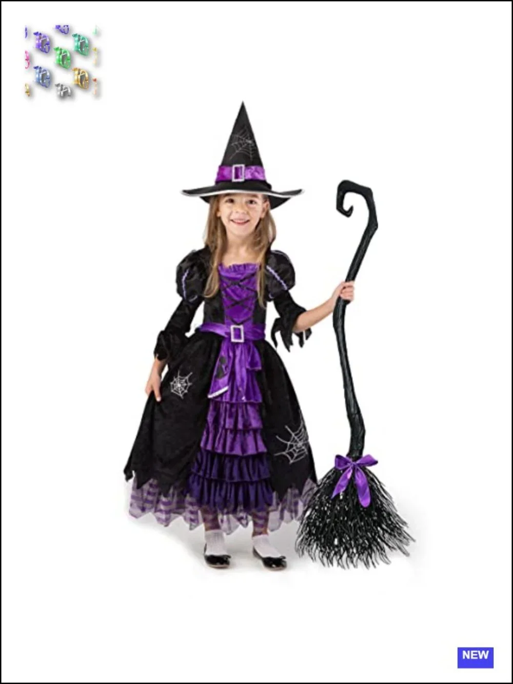 Toddler Girls Deluxe Witch Costume Set with Broom, Full Skirted Dress and Hat